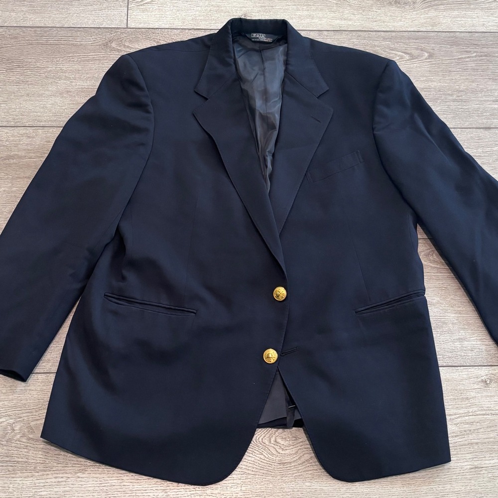 Polo Ralph Lauren Blazer Mens 44 Reg Navy Blue Gold Button Wool Sport Coat USA